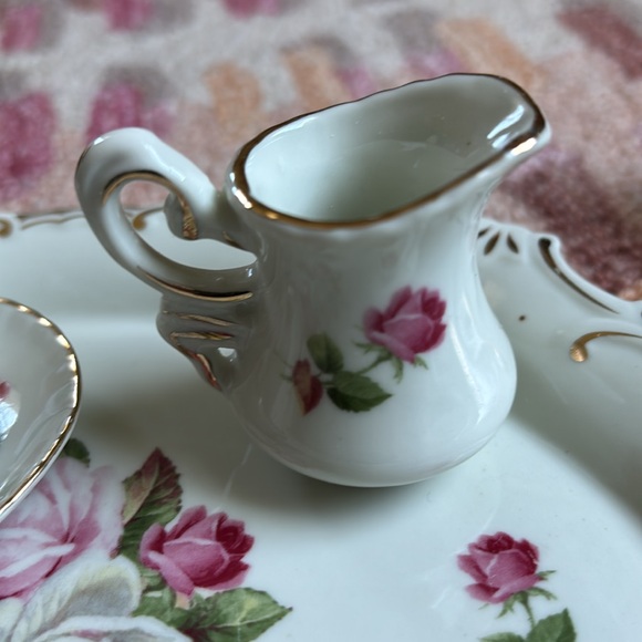 8-Pc Vintage Miniature Tea Set- platter, 2 tea cups, 2 saucers, sugar, creamer - Picture 11 of 16